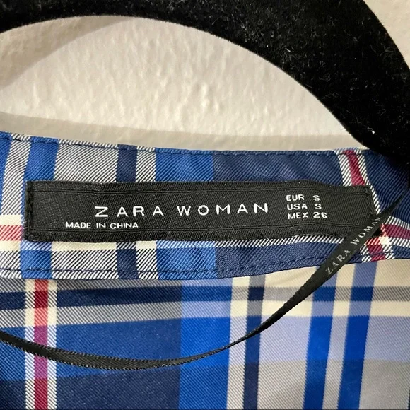 Zara blue tartan plaid puff sleeve midi dress size small - Picture 5 of 7
